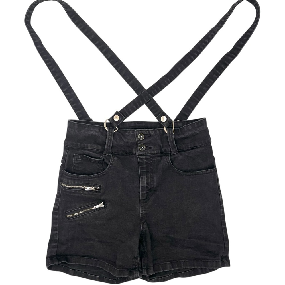 Hot Topic Black Denim Grunge High Rise Suspender Shorts Zipper Detail Stretchy 7